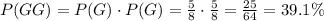 P(GG)=P(G)\cdot P(G) = \frac{5}{8}\cdot \frac{5}{8}=\frac{25}{64}=39.1 \%