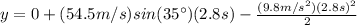 y=0+(54.5m/s)sin(35\°)(2.8s)-\frac{(9.8m/s^{2})(2.8s)^{2}}{2}