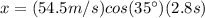 x=(54.5m/s)cos(35\°)(2.8s)