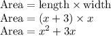 \text{Area} = \text{length}\times \text{width}\\\text{Area} = (x+3)\times x\\\text{Area} = x^{2}+3x\\