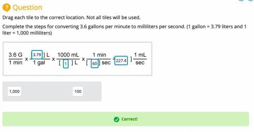 Complete the steps for converting 3.6 gallons per minute to milliliters per second. (1 gallon = 3.79