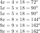 4x = 4 \times 18 = 72^{\circ}\\5x = 5 \times 18 = 90^{\circ}\\5x = 5 \times 18 = 90^{\circ}\\8x = 8 \times 18 = 144^{\circ}\\9x = 9 \times 18 = 162^{\circ}\\9x = 9 \times 18 = 162^{\circ}