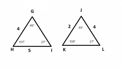 Are the two triangles below similar?  triangles ghi and jkl are shown. angle g equals 46 degrees, an