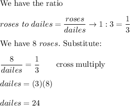 \text{We have the ratio}\\\\roses\ to\ dailes=\dfrac{roses}{dailes}\to1:3=\dfrac{1}{3}\\\\\text{We have}\ 8\ roses.\ \text{Substitute:}\\\\\dfrac{8}{dailes}=\dfrac{1}{3}\qquad\text{cross multiply}\\\\dailes=(3)(8)\\\\dailes=24