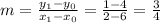 m=\frac{y_1 -y_0}{x_1 -x_0}=\frac{1-4}{2-6}=\frac{3}{4}