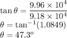 \tan \theta=\dfrac{9.96\times10^{4}}{9.18\times10^{4}}\\\theta=\tan^{-1}(1.0849)\\\theta=47.3^o