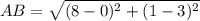 AB=\sqrt{(8-0)^{2}+(1-3)^{2}}