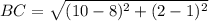 BC=\sqrt{(10-8)^{2}+(2-1)^{2}}