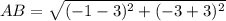 AB=\sqrt{(-1-3)^{2}+(-3+3)^{2}}