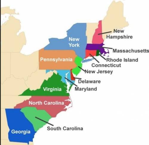 The following on the map of the thirteen colonies.