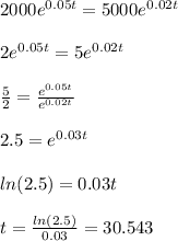 2000e^{0.05t}=5000e^{0.02t}\\\\2e^{0.05t}=5e^{0.02t}\\\\\frac{5}{2}=\frac{e^{0.05t} }{e^{0.02t} }\\\\2.5=e^{0.03t}\\\\ln(2.5)=0.03t\\\\t=\frac{ln(2.5)}{0.03}=30.543