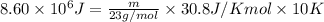 8.60\times 10^6J=\frac{m}{23g/mol}\times 30.8J/Kmol\times 10K