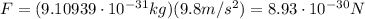F=(9.10939\cdot 10^{-31} kg)(9.8 m/s^2)=8.93\cdot 10^{-30}N