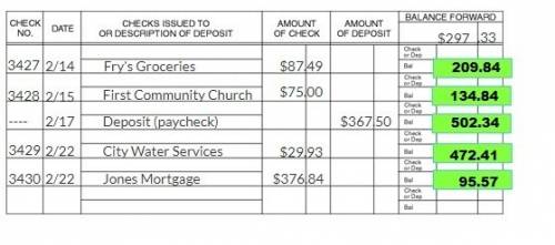 On the following checking account record, enter the figures and add or subtract them to keep the run