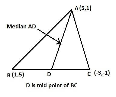 A(5 1) b(1 5) and c(-3 -1) are the vertices of triangle abc. find the length of median ad