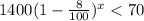 1400(1-\frac{8}{100} )^x < 70