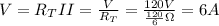 V=R_T II=\frac{V}{R_T}=\frac{120 V}{\frac{120}{6}\Omega}=6 A