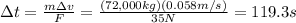 \Delta t=\frac{m\Delta v}{F}=\frac{(72,000 kg)(0.058 m/s)}{35 N}=119.3 s