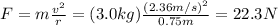 F=m\frac{v^2}{r}=(3.0 kg)\frac{(2.36 m/s)^2}{0.75 m}=22.3 N