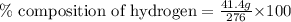 \%\text{ composition of hydrogen}=\frac{41.4g}{276}{\times 100