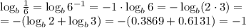 \log_b \frac{1}{6}=\log_b 6^{-1}=-1\cdot \log_b 6=-\log_b(2\cdot 3)=\\= -(\log_b 2 + \log_b 3)=-(0.3869+0.6131)=-1