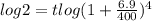 log 2 = t log(1+\frac{6.9}{400} )^4