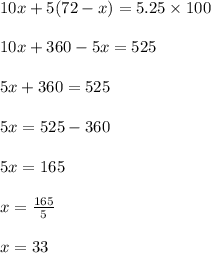 10x+5(72-x)=5.25\times 100\\\\10x+360-5x=525\\\\5x+360=525\\\\5x=525-360\\\\5x=165\\\\x=\frac{165}{5}\\\\x=33