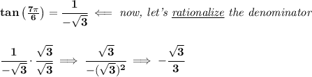 \bf tan\left( \frac{7\pi }{6} \right)=\cfrac{1}{-\sqrt{3}}\impliedby \textit{now, let's \underline{rationalize} the denominator}&#10;\\\\\\&#10;\cfrac{1}{-\sqrt{3}}\cdot \cfrac{\sqrt{3}}{\sqrt{3}}\implies \cfrac{\sqrt{3}}{-(\sqrt{3})^2}\implies -\cfrac{\sqrt{3}}{3}
