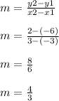 m=\frac{y2-y1}{x2-x1} \\ \\ m=\frac{2-(-6)}{3-(-3)} \\ \\ m=\frac{8}{6} \\ \\ m=\frac{4}{3}