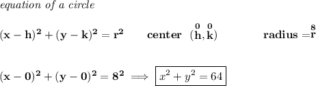 \bf \textit{equation of a circle}\\\\ (x- h)^2+(y- k)^2= r^2 \qquad center~~(\stackrel{0}{ h},\stackrel{0}{ k})\qquad \qquad radius=\stackrel{8}{ r} \\\\\\ (x-0)^2+(y-0)^2=8^2\implies \boxed{x^2+y^2=64}