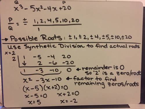 List all possible rational zeros of h(x) = x^3 - 5x^2 - 4x + 20. then determine which, if any, are z