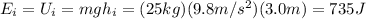 E_i = U_i = mgh_i = (25 kg)(9.8 m/s^2)(3.0 m)=735 J