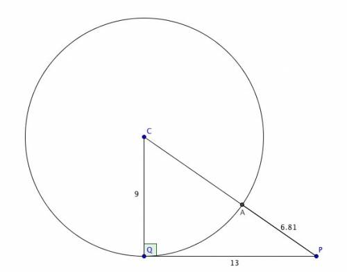 Pq is a tangent segment of a circle with radius 9 in. q lies on the circle, and pq = 13 in. find the
