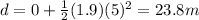 d=0+\frac{1}{2}(1.9)(5)^2=23.8 m