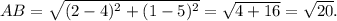 AB=\sqrt{(2-4)^2+(1-5)^2}=\sqrt{4+16}=\sqrt{20}.