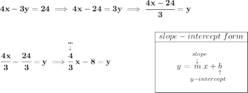 \bf 4x-3y=24\implies 4x-24=3y\implies \cfrac{4x-24}{3}=y \\\\\\ \cfrac{4x}{3}-\cfrac{24}{3}=y\implies \stackrel{\stackrel{m}{\downarrow }}{\cfrac{4}{3}}x-8=y~\hspace{5em} \begin{array}{|c|ll} \cline{1-1} slope-intercept~form\\ \cline{1-1} \\ y=\underset{y-intercept}{\stackrel{slope\qquad }{\stackrel{\downarrow }{m}x+\underset{\uparrow }{b}}} \\\\ \cline{1-1} \end{array}
