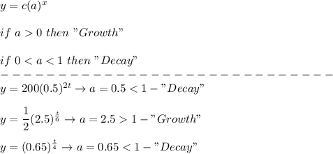 y=c(a)^x\\\\if\ a  0\ then\ "Growth"\\\\if\ 0 < a < 1\ then\ "Decay"\\-----------------------------\\y=200(0.5)^{2t}\to a=0.5 < 1-"Decay"\\\\y=\dfrac{1}{2}(2.5)^{\frac{t}{6}}\to a=2.5  1-"Growth"\\\\y=(0.65)^{\frac{t}{4}}\to a=0.65 < 1-"Decay"