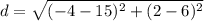d= \sqrt{(-4-15)^2+(2-6)^2}
