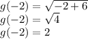 g(-2)=\sqrt{-2+6} \\g(-2)=\sqrt{4} \\g(-2)=2