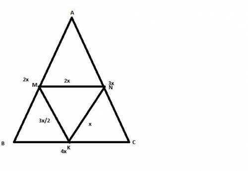 The ratio of the lengths of the sides of △abc is 2: 3: 4. points m, n, and k are the midpoints of th