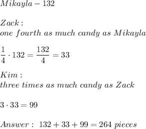 Mikayla-132\\\\Zack:\\one\ fourth\ as\ much\ candy\ as\ Mikayla\\\\\dfrac{1}{4}\cdot132=\dfrac{132}{4}=33\\\\Kim:\\three\ times\ as\ much\ candy\ as\ Zack\\\\3\cdot33=99\\\\\ 132+33+99=264\ pieces