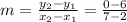 m = \frac{y_2 -y_1}{x_2 -x_1}=\frac{0 - 6}{7-2}