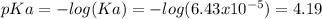 pKa=-log(Ka)=-log(6.43x10^{-5})=4.19