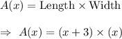 A(x)=\text{Length}\times\text{Width}\\\\\Rightarrow\ A(x)=(x+3)\times(x)