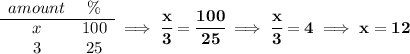 \bf \begin{array}{ccll} amount&\%\\ \cline{1-2} x&100\\ 3&25 \end{array}\implies \cfrac{x}{3}=\cfrac{100}{25}\implies \cfrac{x}{3}=4\implies x=12