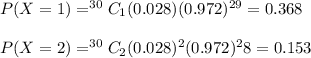 P(X=1)=^{30}C_1(0.028)(0.972)^{29}=0.368\\\\P(X=2)=^{30}C_2(0.028)^2(0.972)^28=0.153