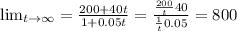 \lim_{t \to \infty} = \frac{200+40t}{1+0.05t} = \frac{\frac{200}{t} 40 }{\frac{1}{t} 0.05} = 800