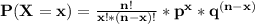 \mathbf{P(X=x) =\frac{n!}{x!*(n-x)!}*p^{x}*q^{(n-x)}}