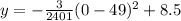 y=-\frac{3}{2401}(0-49)^2+8.5