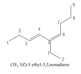 Draw the structural formula of (3e,5z)-5-ethyl-3,5-nonadiene. an alternative name for this compound